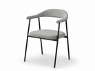 Fluid Arc Dining Chair in soft greige grey woven upholstery with continuous arc armrest design, slim black steel frame, and modern contract dining chair structure, model DC-3252.