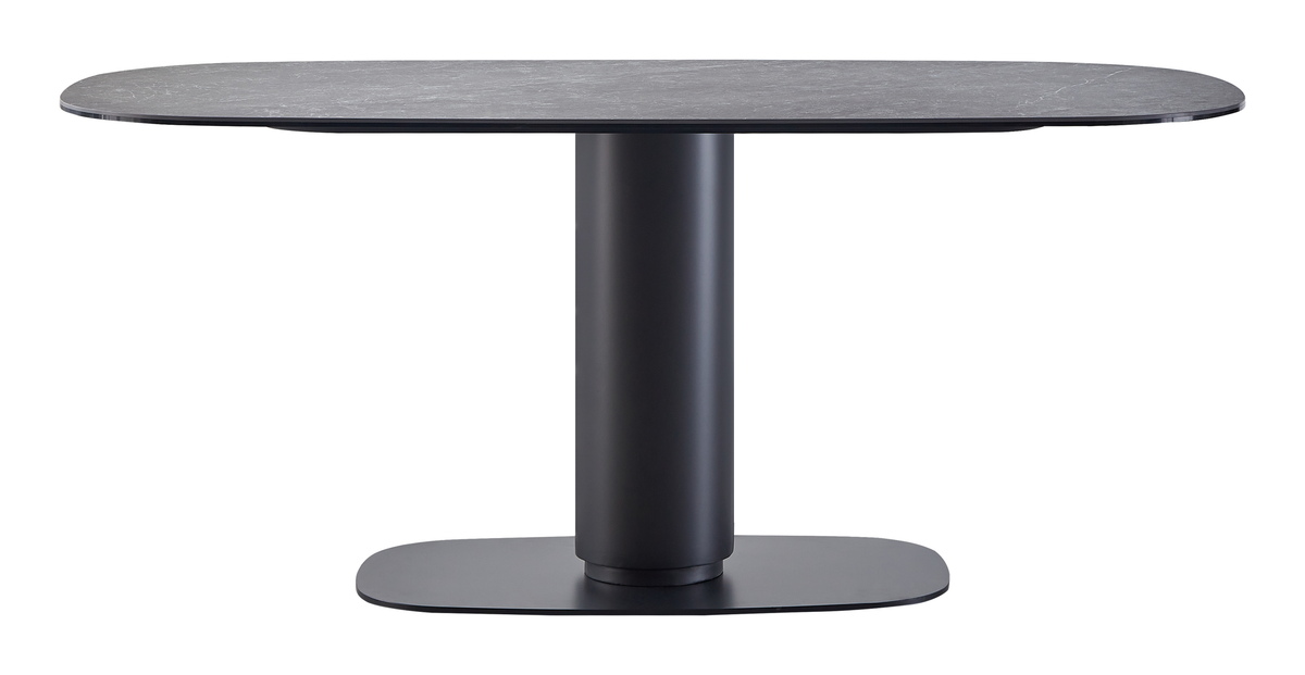 Cylindrical pedestal dining table in grey, front view showing black steel base, GEYA Seating T-99