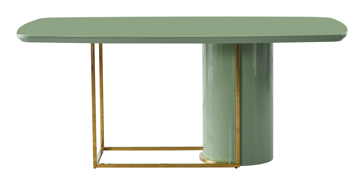 Asymmetric pedestal dining table in khaki green, front view of gold frame, GEYA Seating T-64
