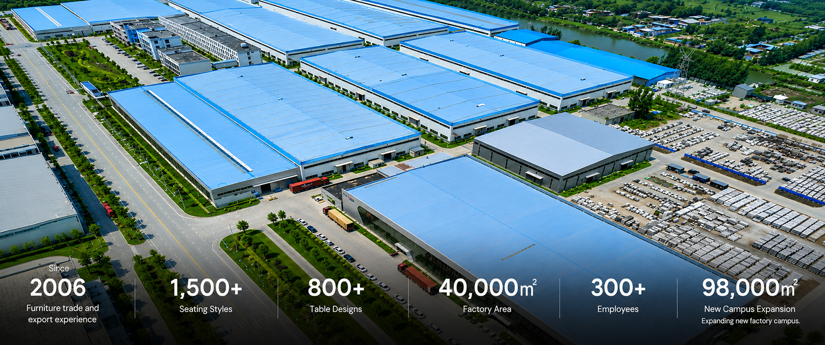 B2B seating and table manufacturing base with OEM ODM production, 1500 plus seating styles, 800 plus table designs, 40,000 square meter factory, and 98,000 square meter new campus expansion