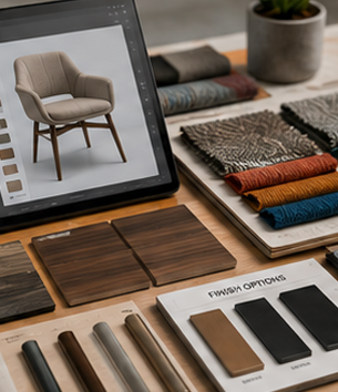 Furniture material customization with fabric swatches and finish options