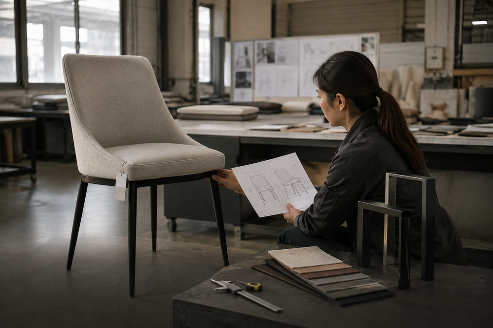 Upholstered chair sample confirmation before bulk furniture production