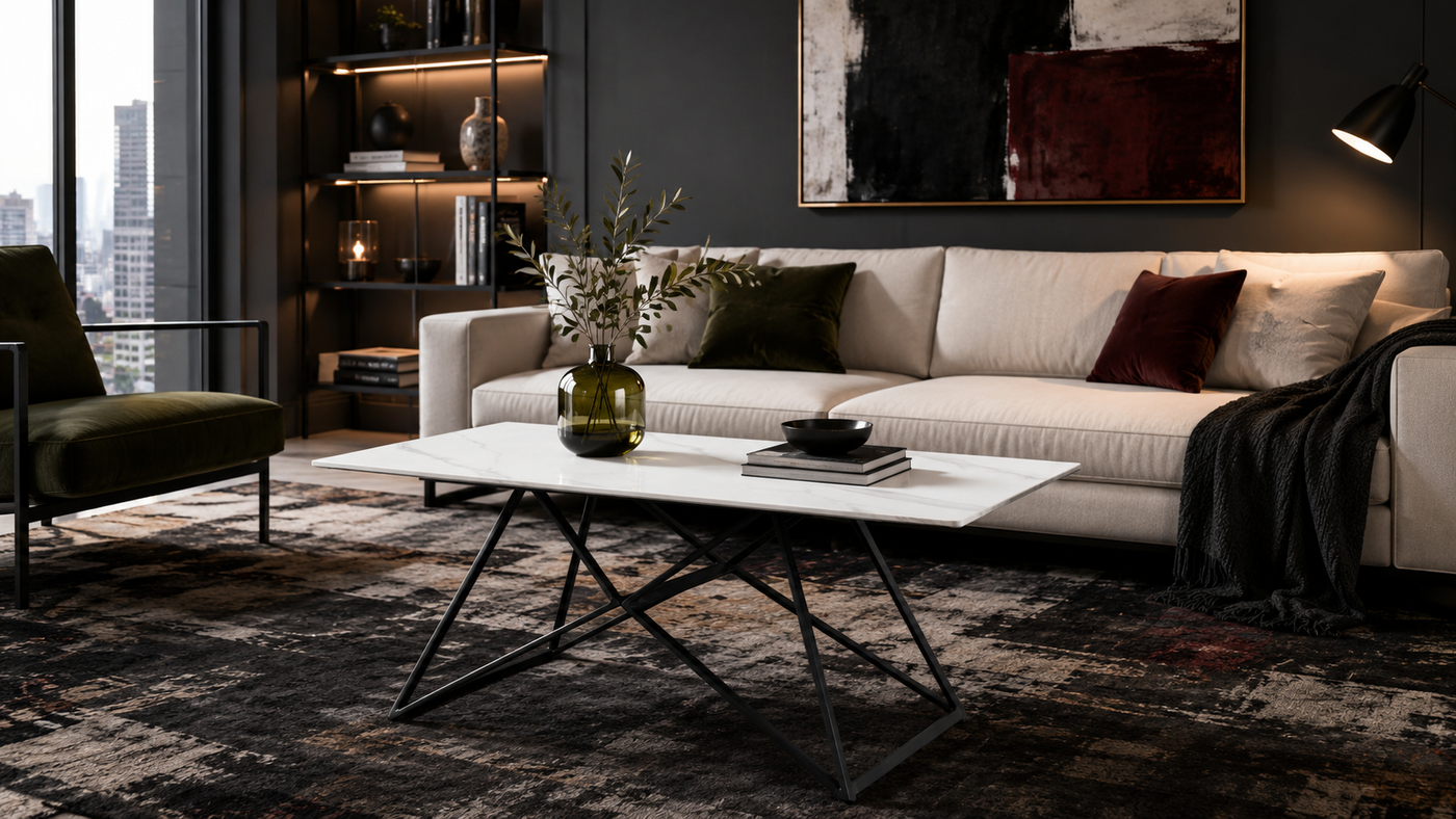 GEYA Seating™ CT-37 white marble-effect coffee table in a luxury show apartment lounge with neutral sofa, abstract decor, black geometric frame, and refined project-style interior.