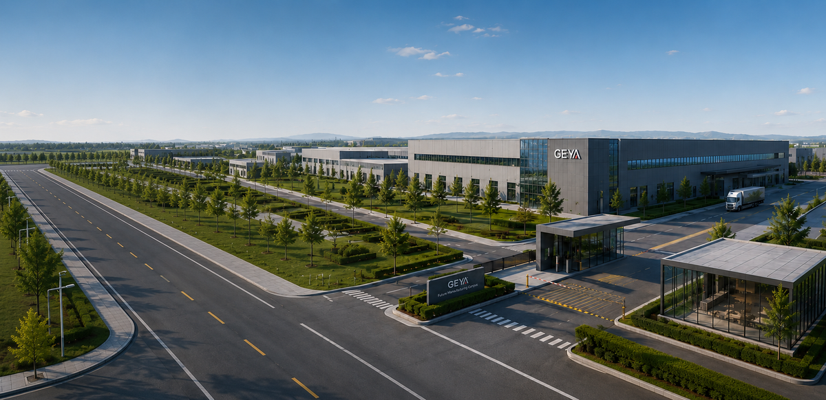 Planning rendering of the main entrance and manufacturing buildings at GEYA’s future campus.
