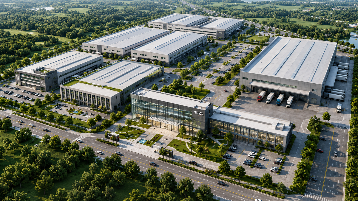 Aerial planning rendering of GEYA’s 98,000m² future manufacturing campus with production, showroom and logistics areas.