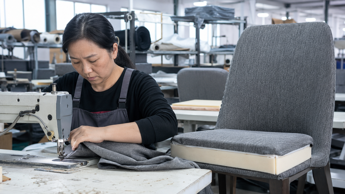 GEYA upholstery technician assembling a fabric dining chair in China