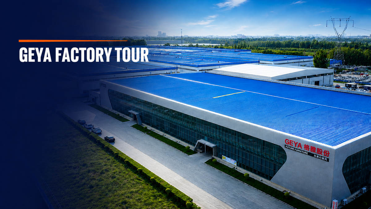 GEYA furniture manufacturing factory in China shown in an aerial factory tour view