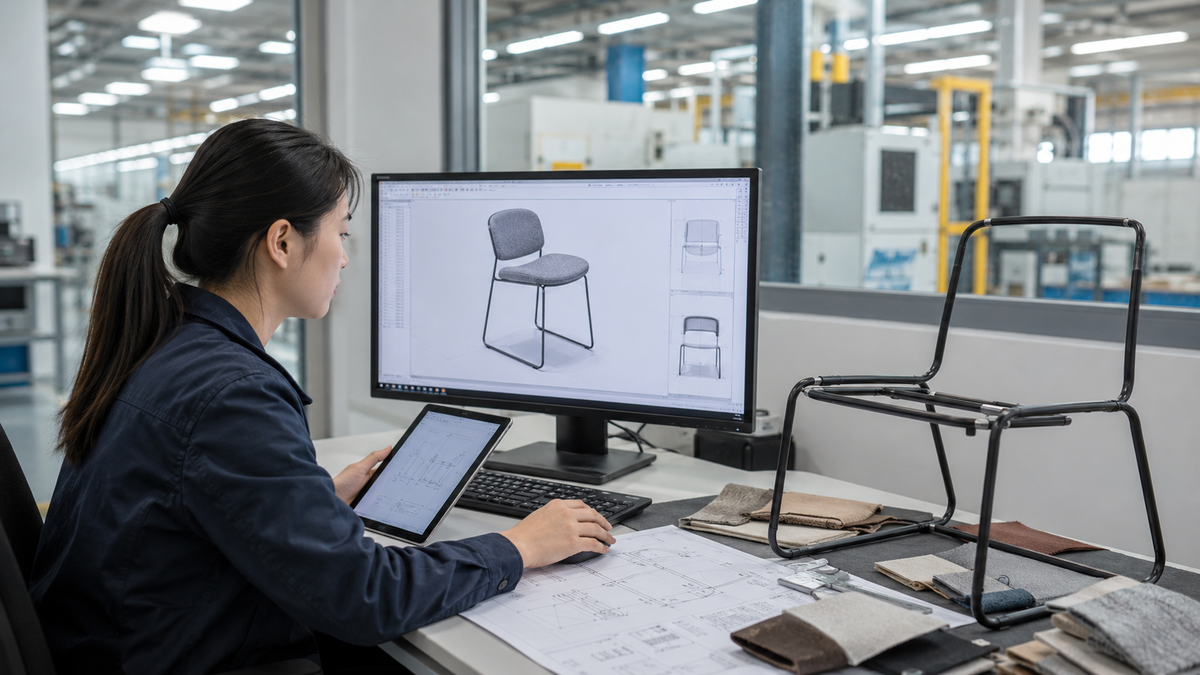 GEYA furniture product development engineer reviewing a metal-frame chair CAD design in China