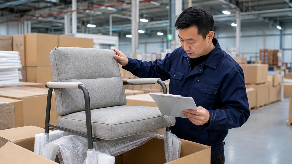 GEYA quality control specialist inspecting and packing an upholstered metal-frame chair for export