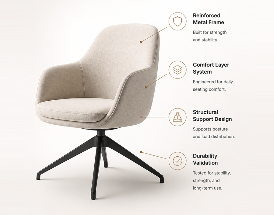 GEYA Inside structural standard showing upholstered chair with reinforced metal frame, comfort layer system, structural support design, and durability validation.