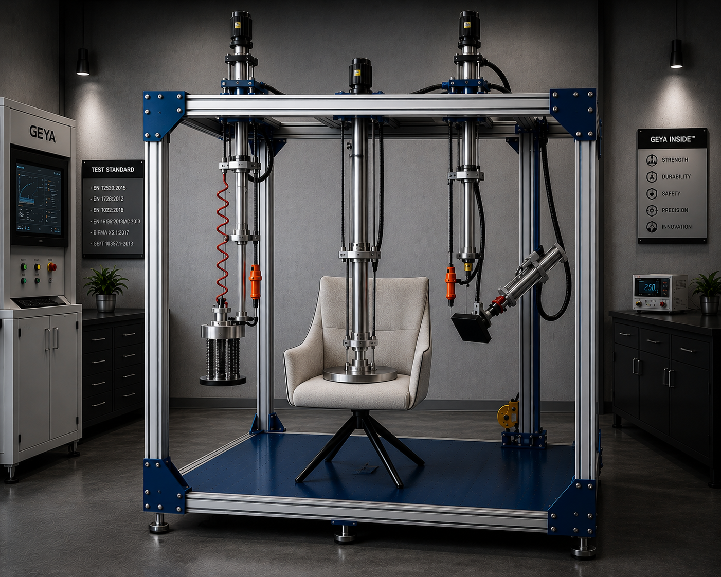 GEYA Inside performance check showing chair structure testing equipment for long-term seating reliability
