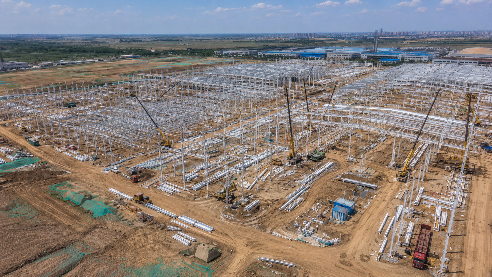 Aerial view of GEYA’s new campus construction site showing large-scale steel structure progress for the future manufacturing base.
