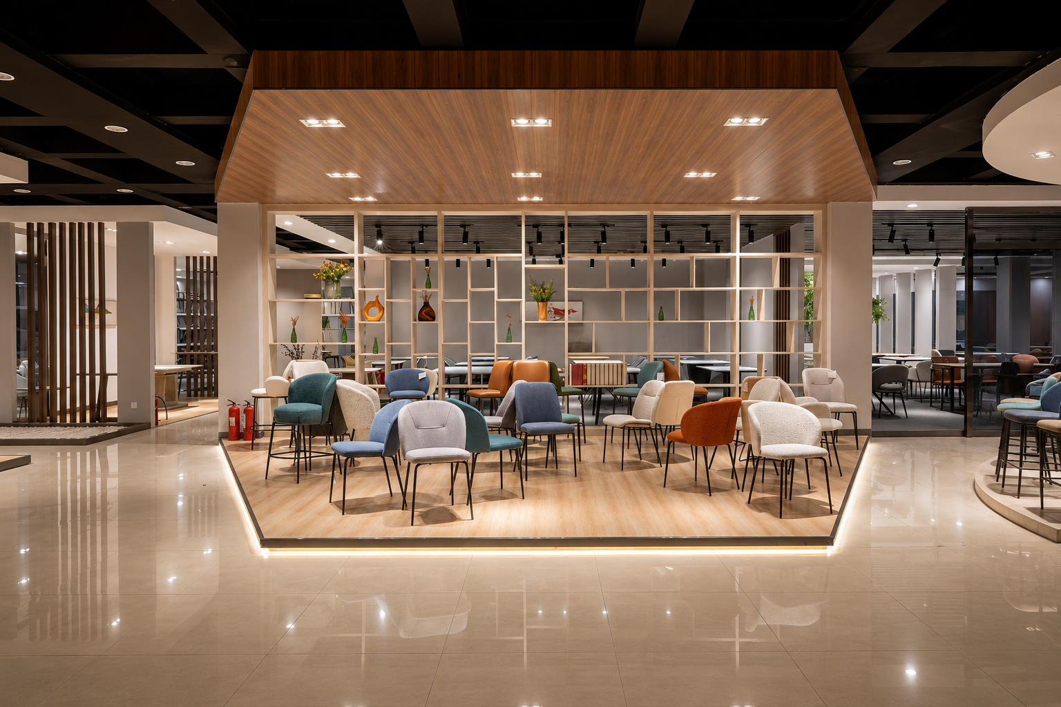 Modern showroom lounge area for client consultation and furniture customization discussion