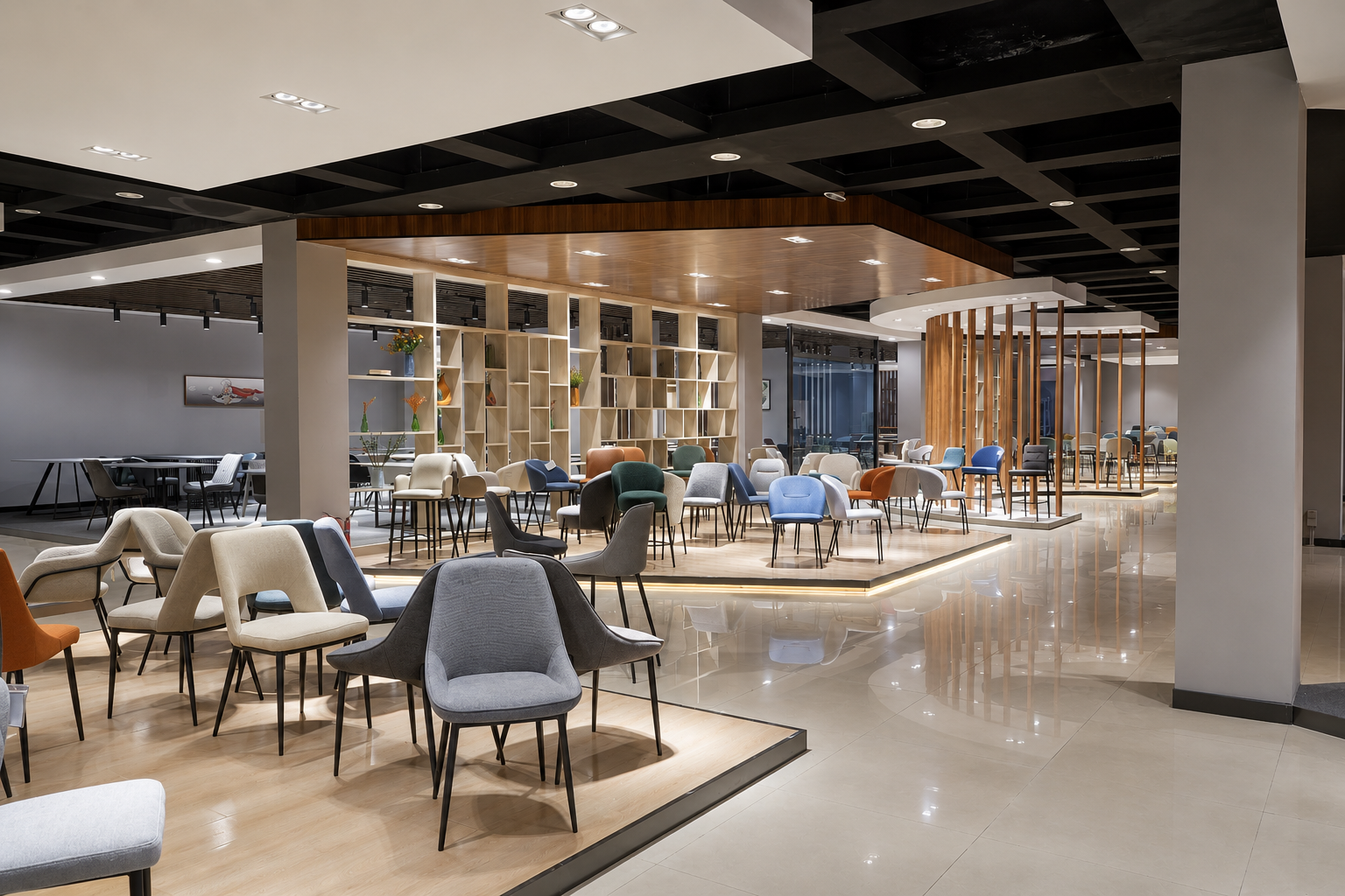 Spacious GEYA OEM showroom with diverse furniture collection for global B2B buyers product selectio