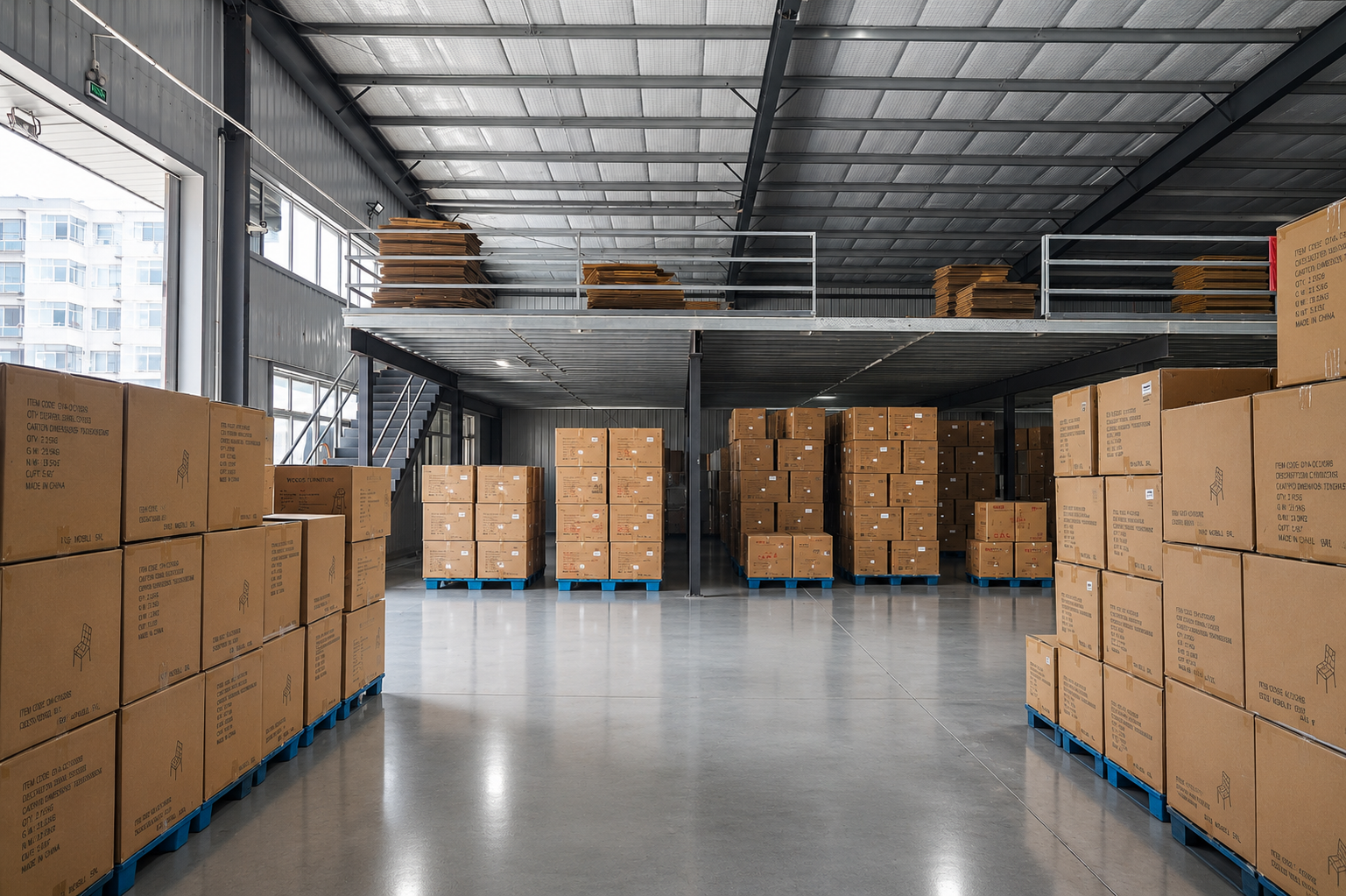 Organized GEYA warehouse with packed furniture ready for global export shipping