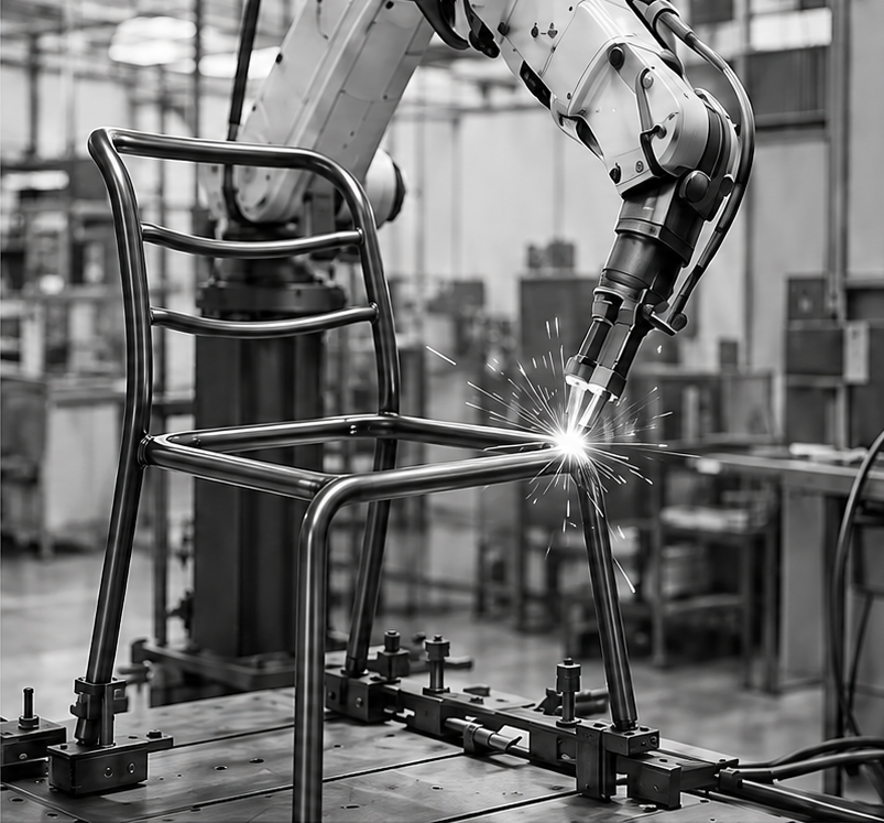 Robotic welding of a metal dining chair frame at GEYA