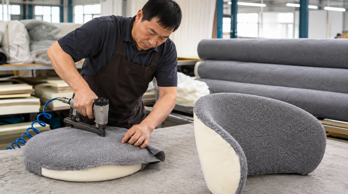 Foam and fabric upholstery assembly for curved-back bar stools at the GEYA factory
