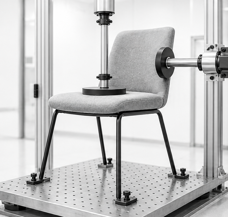 Upholstered dining chair undergoing vertical seat and horizontal backrest load testing
