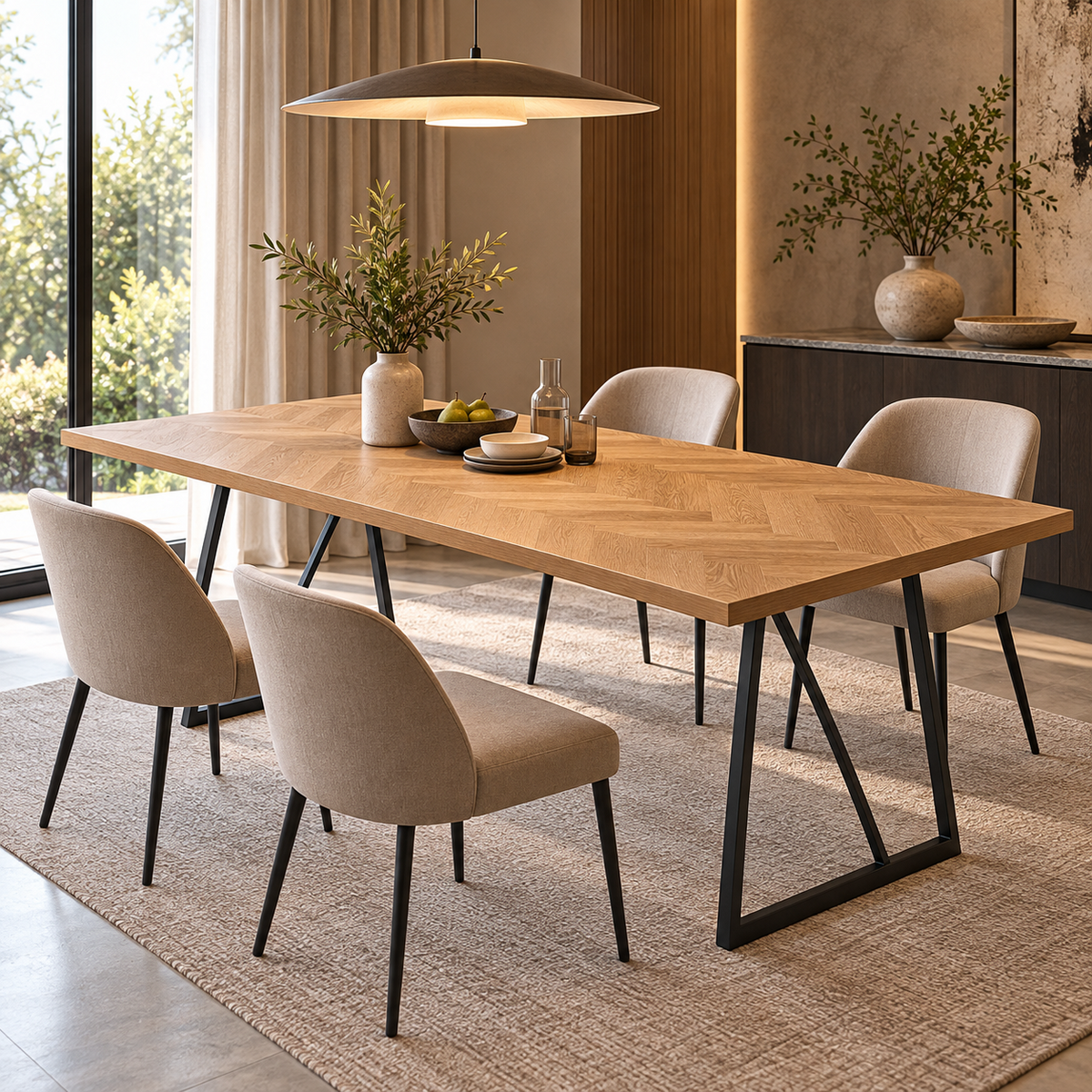 Herringbone oak table with beige upholstered chairs in a contemporary residential dining room, T-103