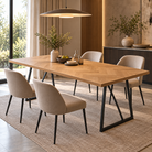Herringbone oak table with beige upholstered chairs in a contemporary residential dining room, T-103