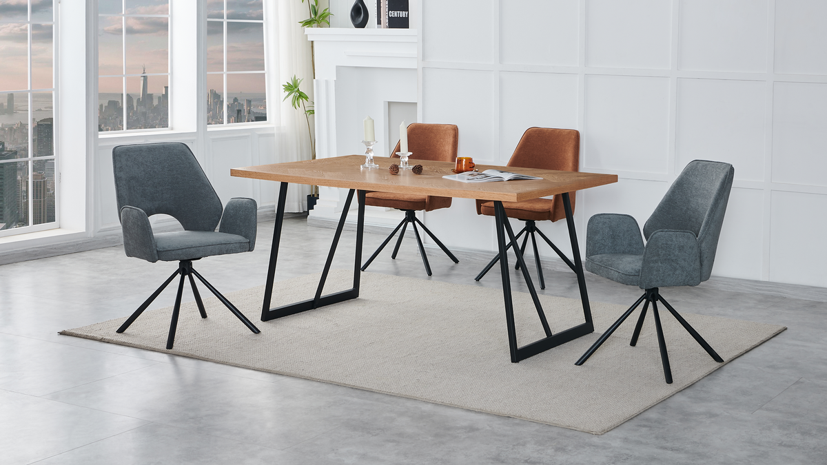 Herringbone oak dining table with contemporary chairs in a modern apartment dining interior, T-103