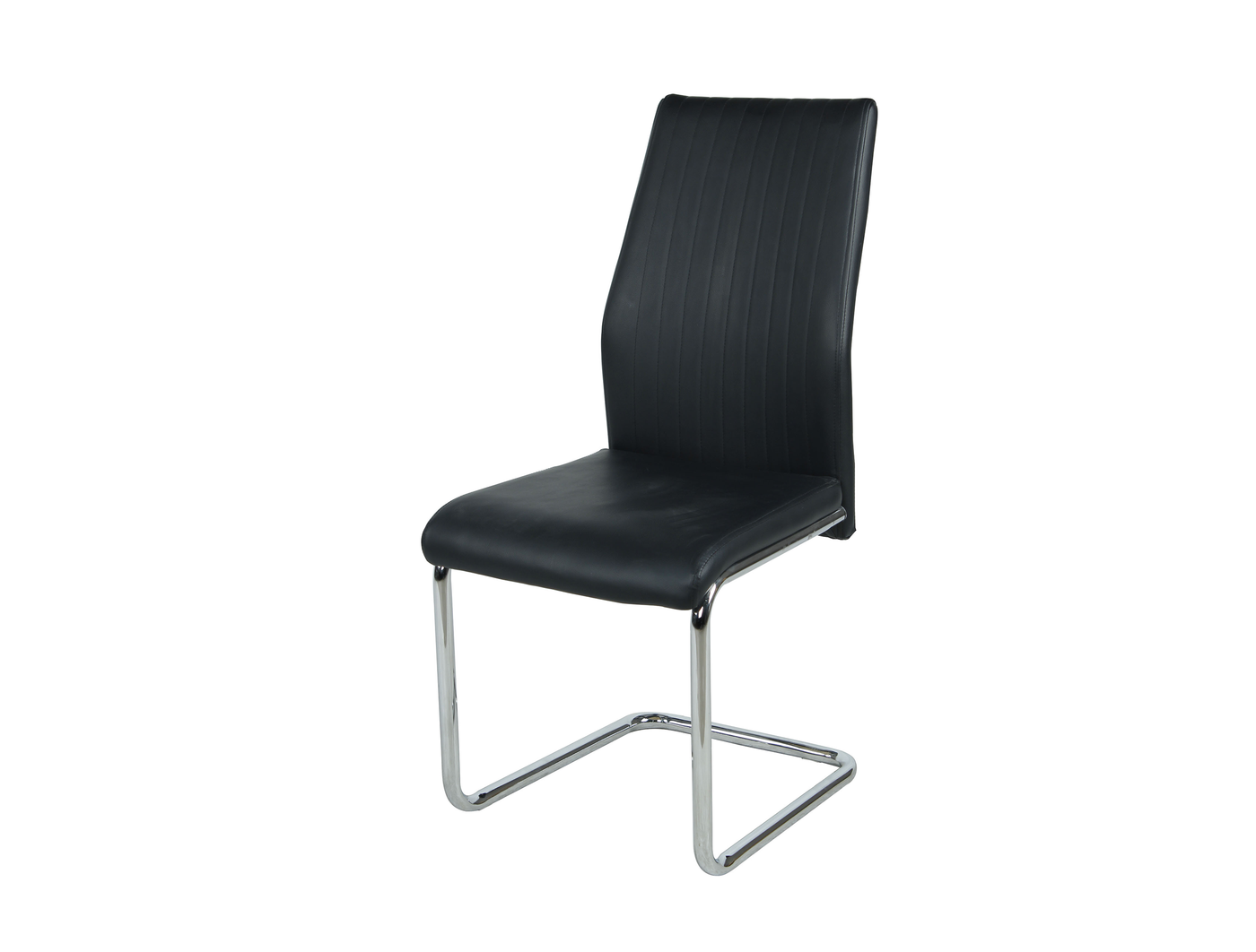Three-quarter view of high-back channel-stitched cantilever chair in black performance PU showing overall upholstered profile and outward chrome frame — DC-1670