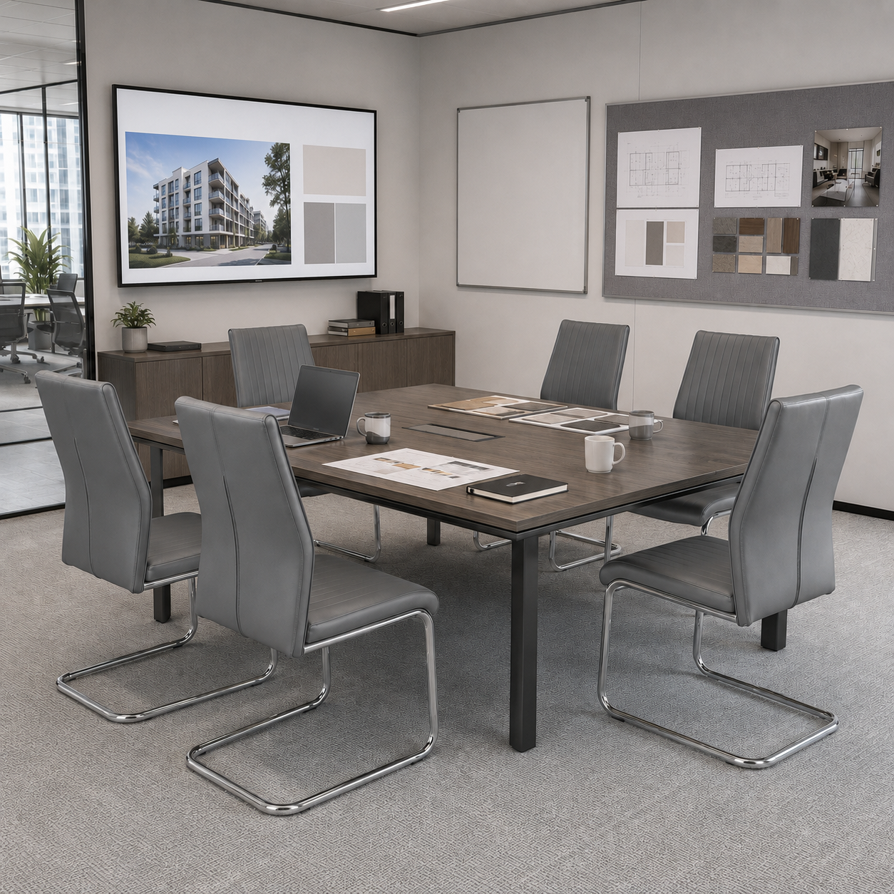 High-back channel-stitched cantilever chairs in Silver Grey PU arranged around a square dark-timber meeting table in an enclosed internal project discussion room with material sample boards and glass partition — DC-1670