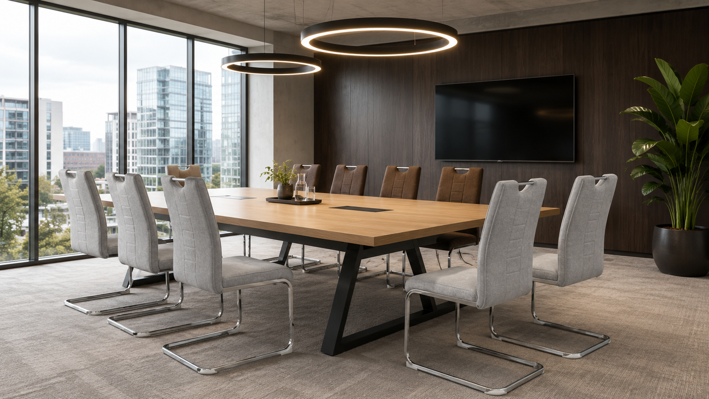 High-back cantilever meeting chairs in ash grey linen-look fabric arranged around rectangular boardroom table — DC-3028

