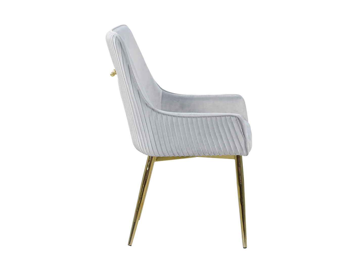 Side profile of high-back dining armchair showing 480 mm seat height, rearward leg splay and tapered gold-plated steel frame — DC-3057