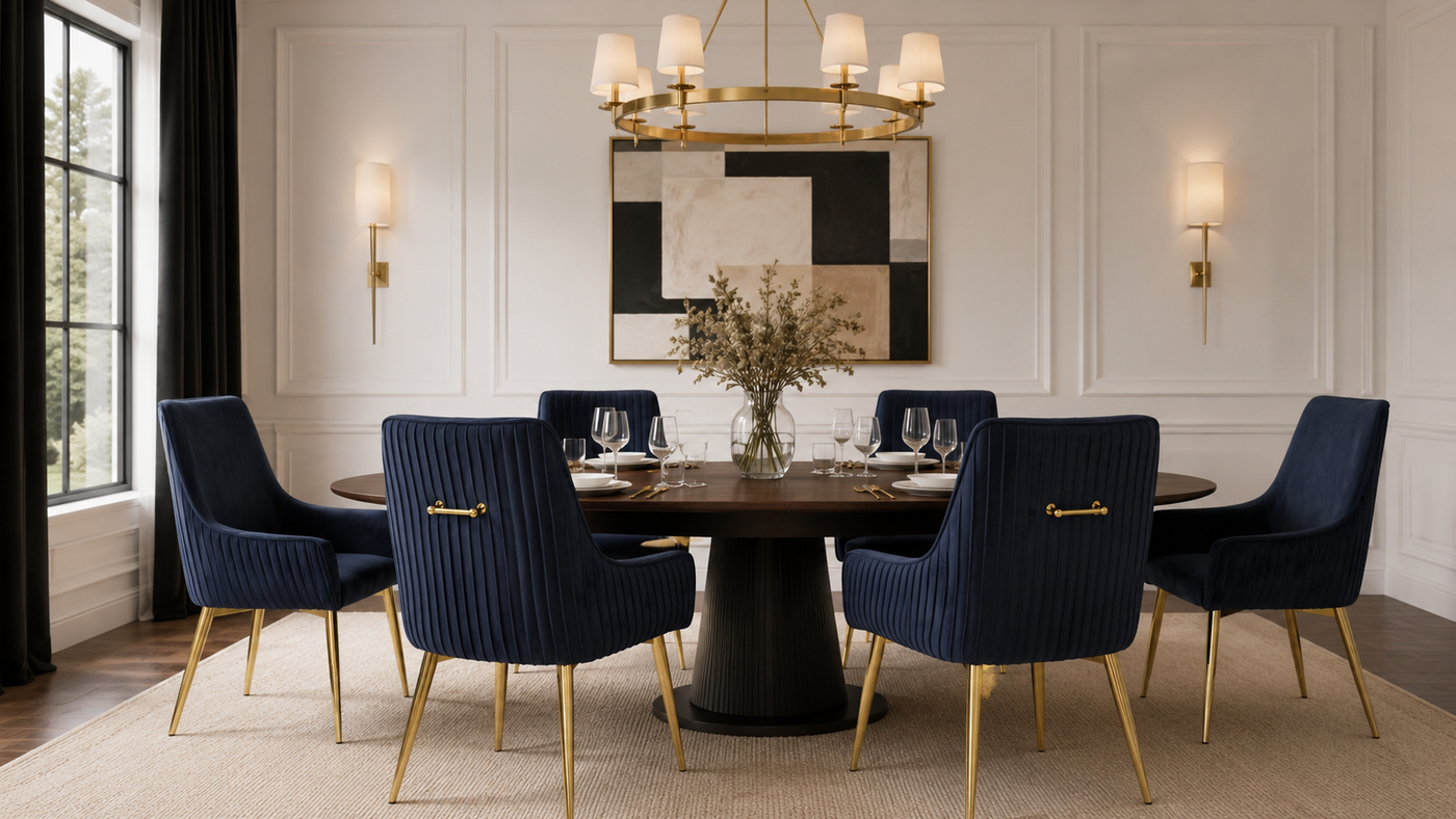 High-back channel-stitched dining armchairs in dark velvet with gold-plated steel legs arranged around a round dining table in a private dining room with brass ring chandelier and panelled walls — DC-3057