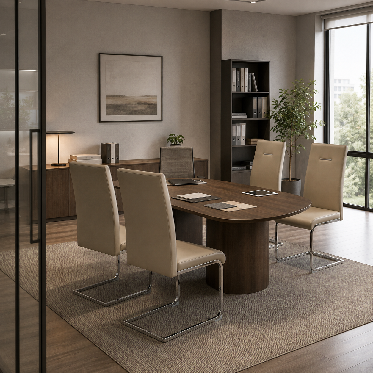 High-back PU cantilever meeting chairs around oval meeting table in glass-partitioned client consultation room, Cappuccino, DC-3037


