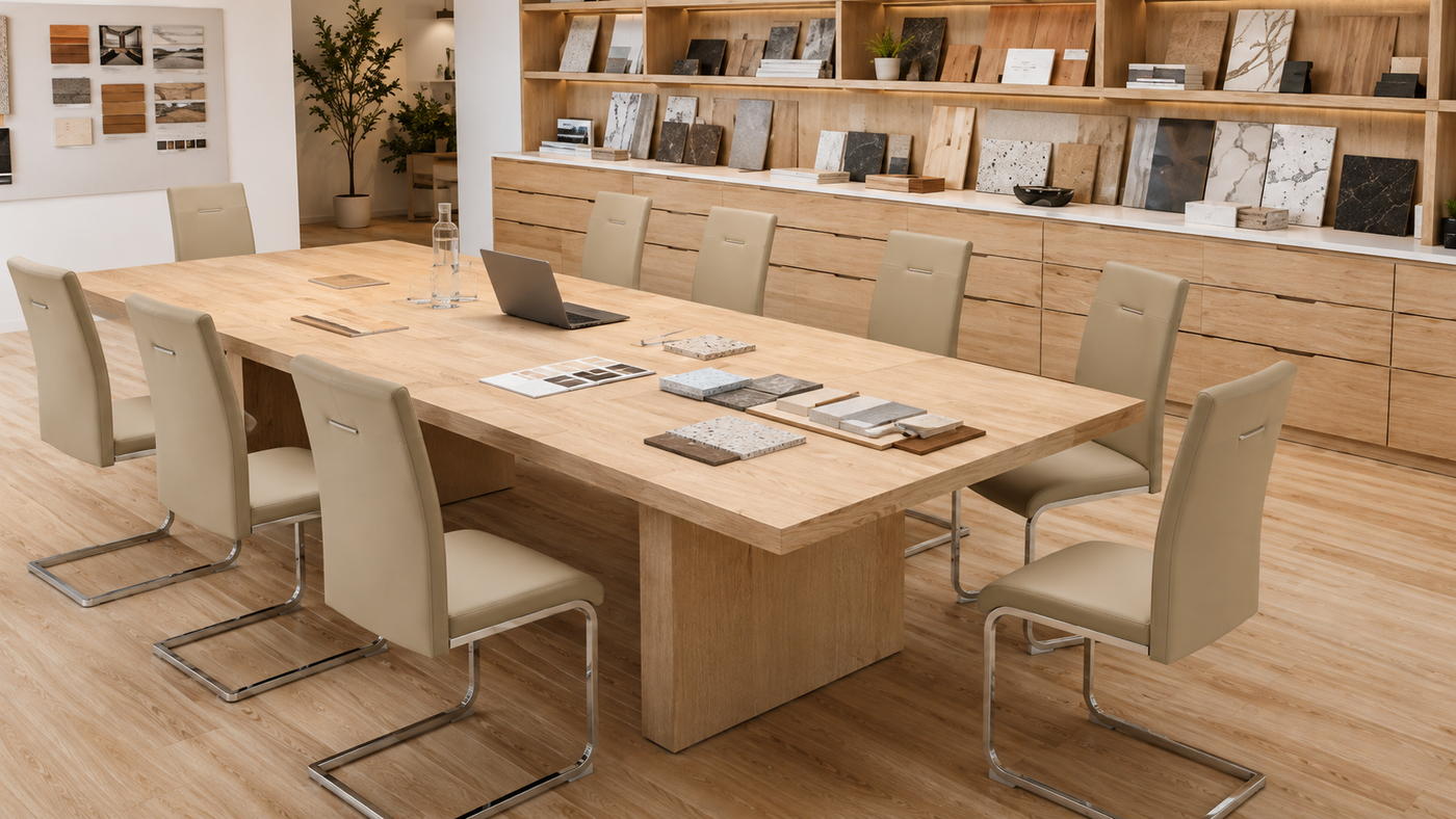 High-back PU cantilever meeting chairs arranged around oak meeting table in design studio review setting, material samples and shelving backdrop, Chalk White, DC-3037