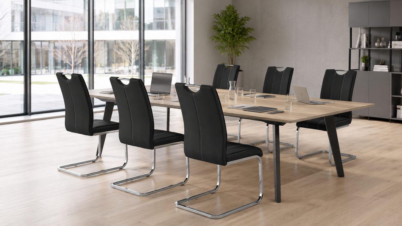 Jet black high-back channel-stitched PU dining chairs around oak meeting table in open-plan workplace interior, DC-1534-A