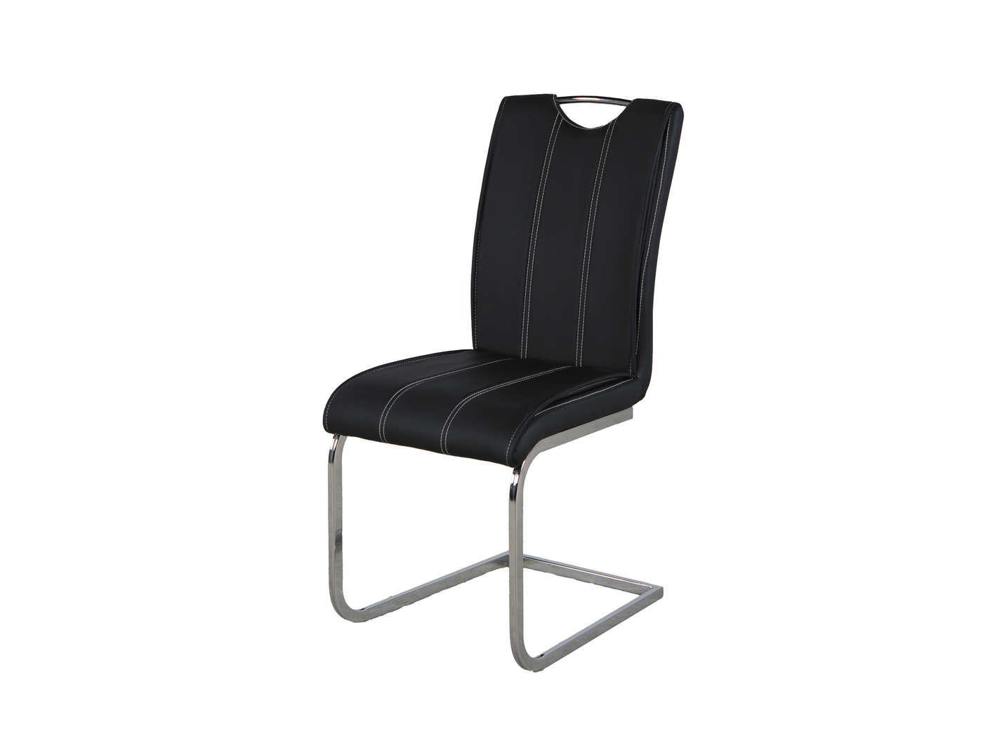 Three-quarter view of high-back channel-stitched PU dining chair on chrome continuous arc cantilever base, DC-1534-A