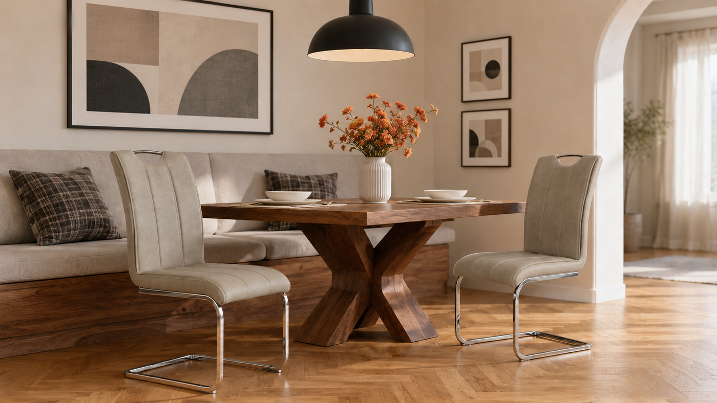 Warm taupe high-back cantilever PU dining chairs around walnut table in residential dining room with arched doorways, DC-1534-A