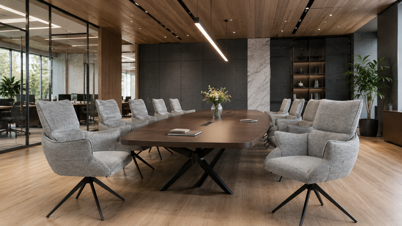 Ash grey bouclé high-back swivel armchairs arranged around oval boardroom table in executive meeting room with timber ceiling — DC-5035