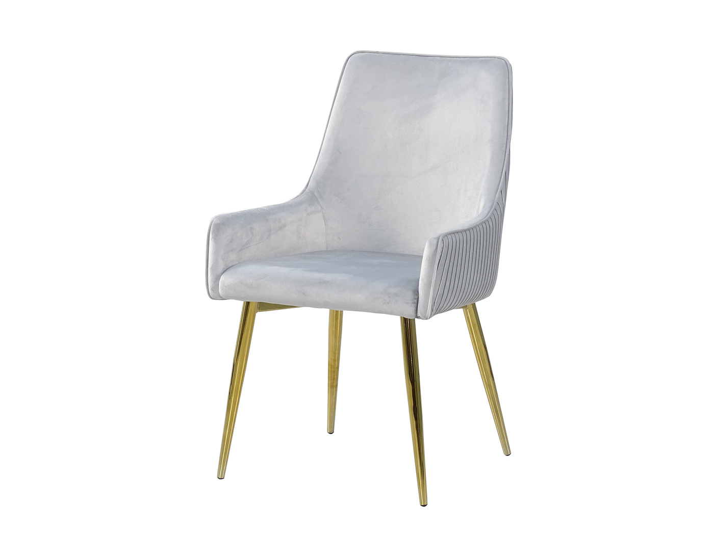 Three-quarter view of high-back channel-stitched dining armchair in silver grey showing wraparound armrest profile and outward-splayed gold-plated steel legs — DC-3057