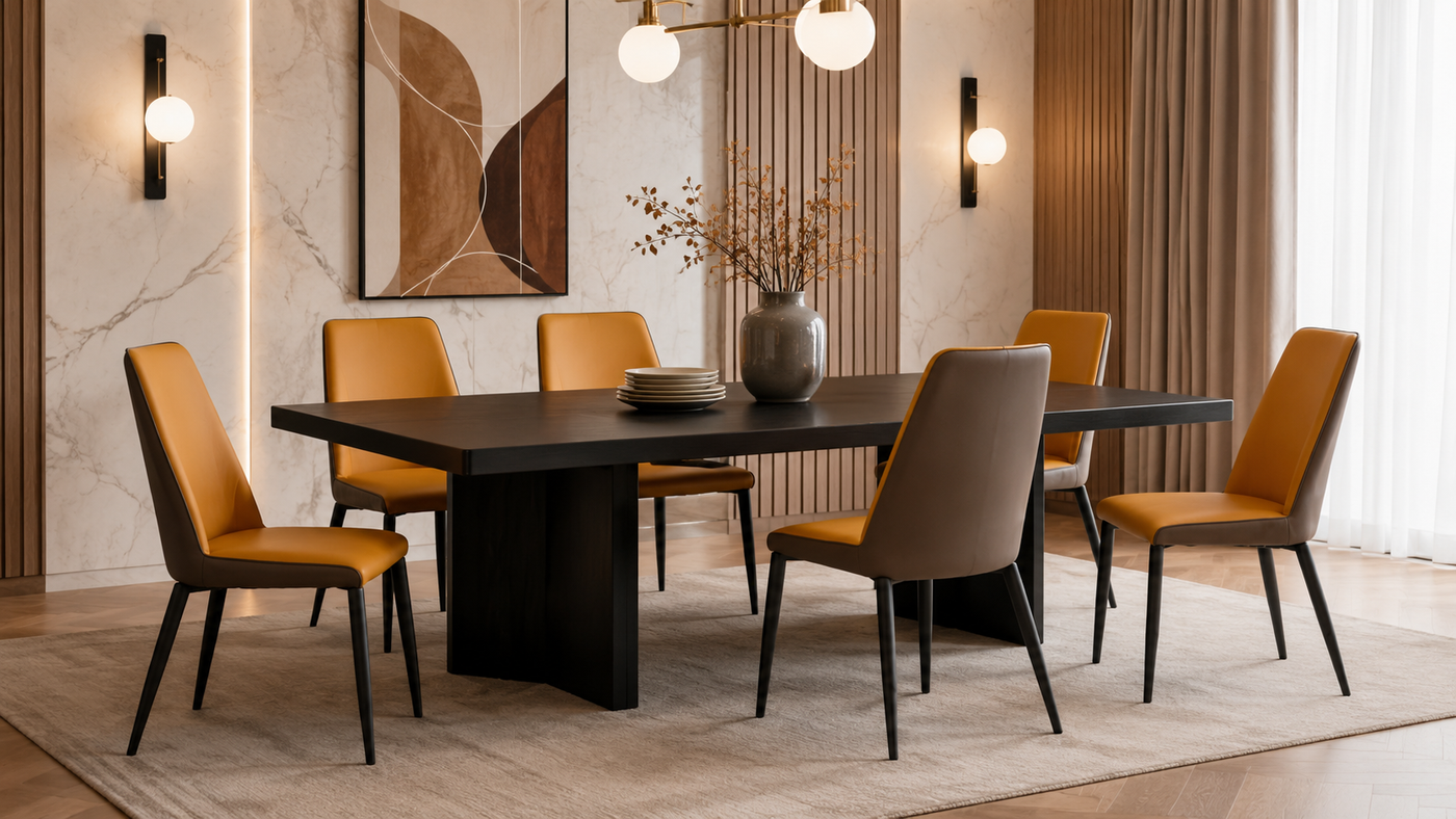 Amber fine-grain PU leather high-back dining chairs around dark rectangular table in formal restaurant dining room with marble panels, DC-1545
room