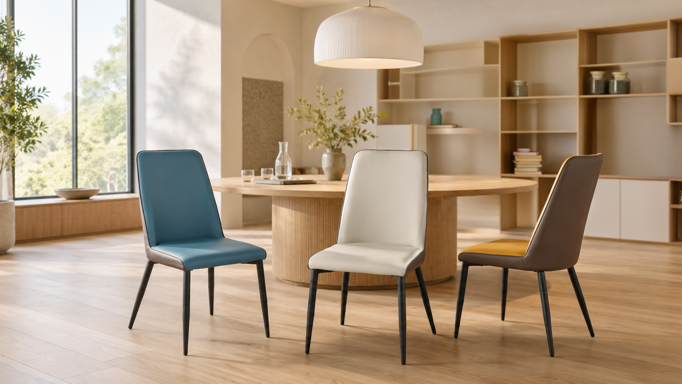 Fine-grain PU dining chairs in Ocean Blue, Chalk and Amber in bright timber-toned residential dining room, DC-1545