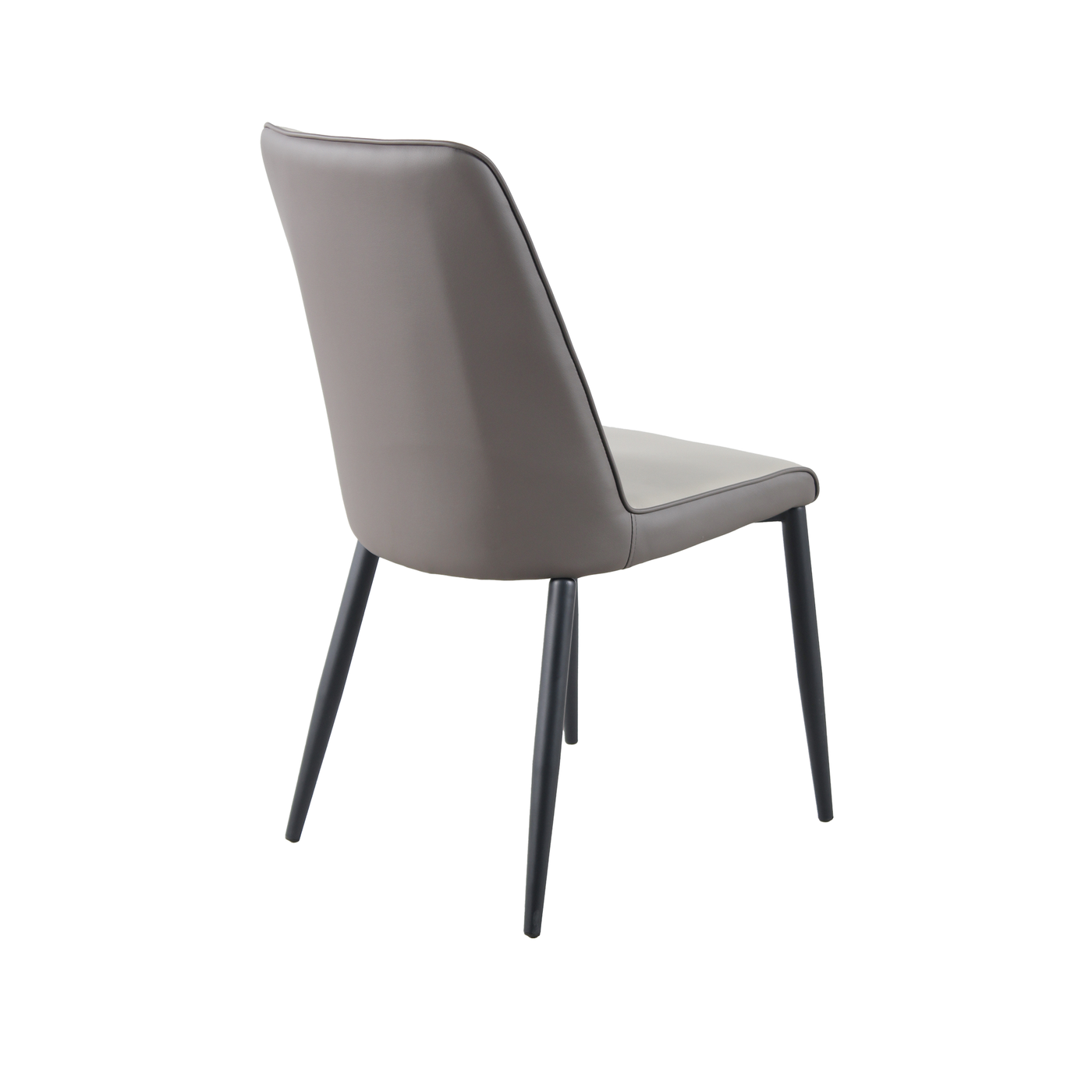 Rear view of fine-grain PU dining chair showing dark brown reverse panel, contrast piping and sand-black steel tube frame, DC-1545