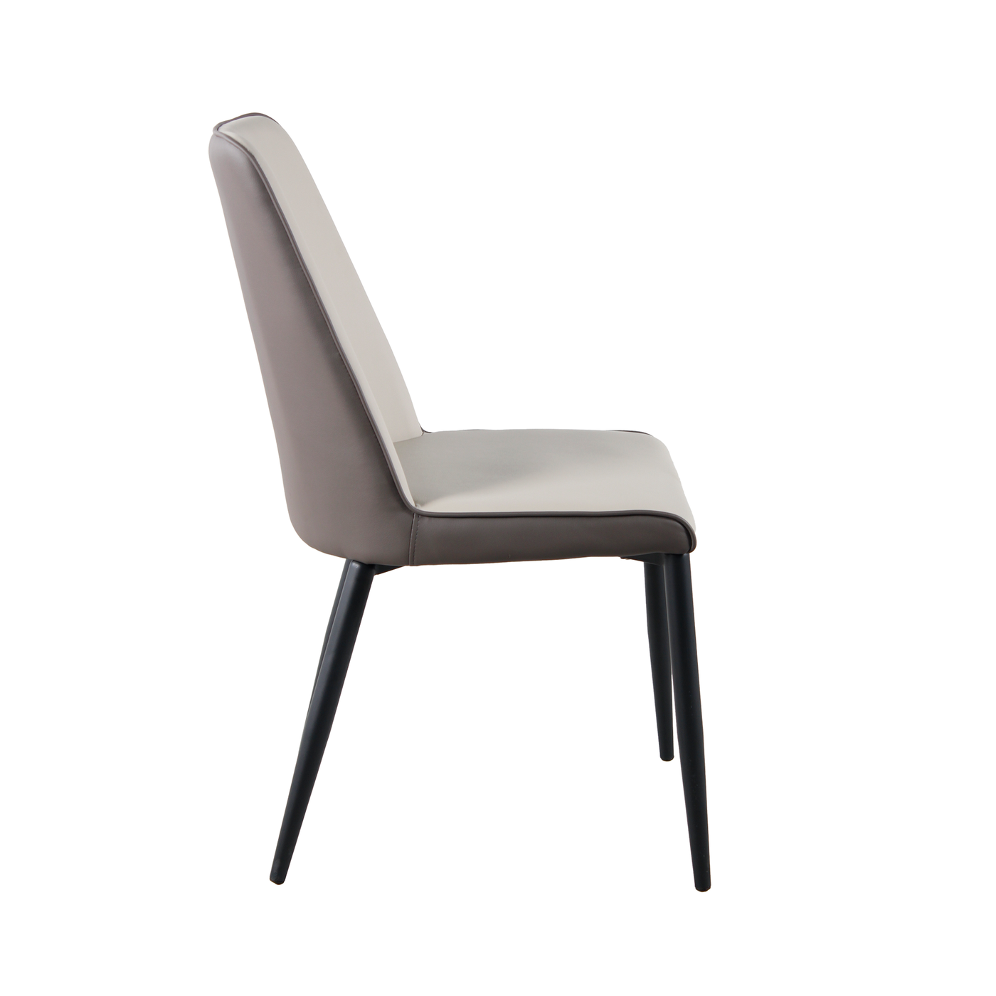 High-back PU leather dining chair side profile with tapered backrest and sand-black steel legs, DC-1545