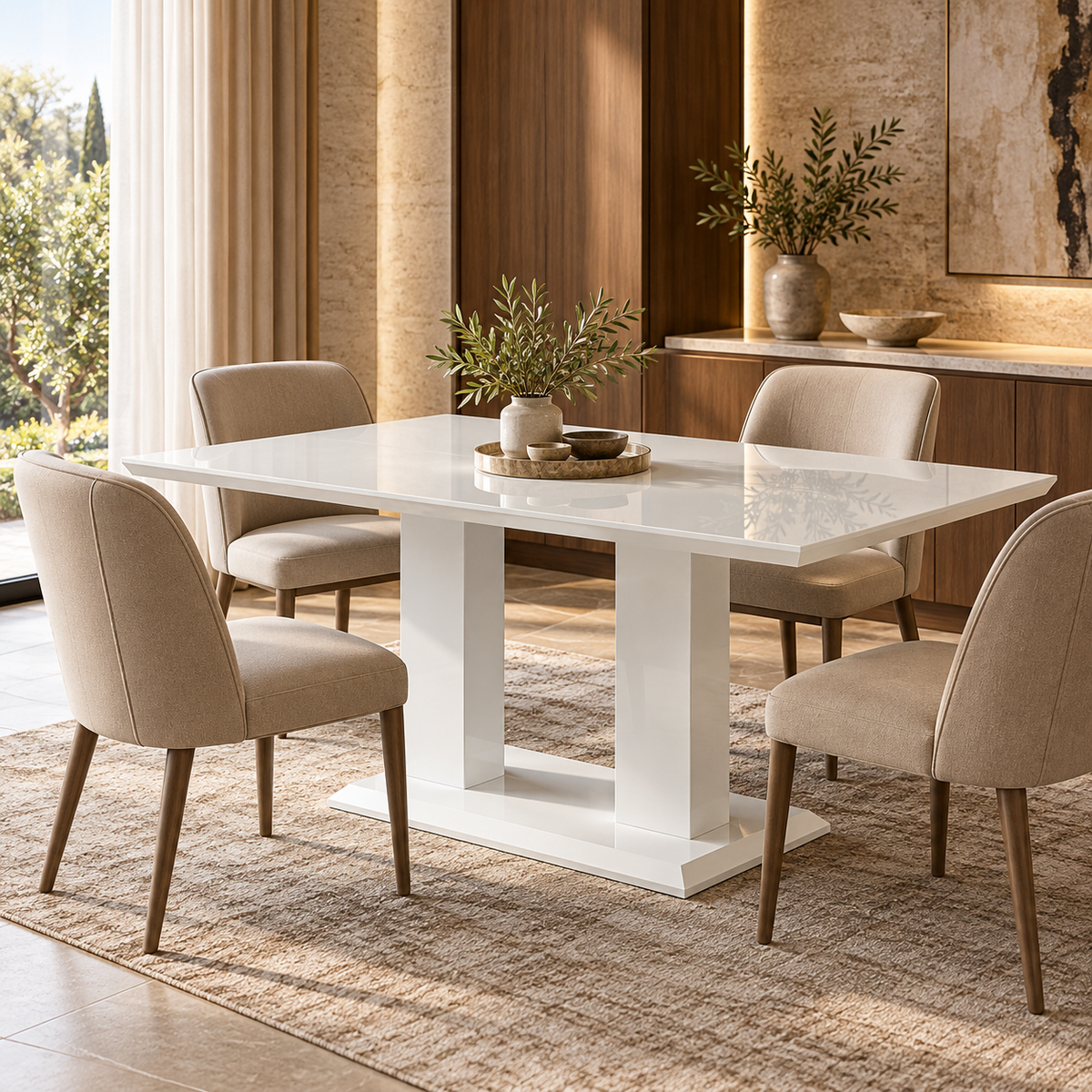 High-gloss white double-pedestal dining table in a contemporary residential dining room with upholstered chairs, T-305