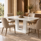 High-gloss white double-pedestal dining table in a contemporary residential dining room with upholstered chairs, T-305
