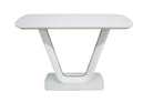 T-06-3 V-Frame Pedestal Console Table Front View — 35mm MDF Top with 5mm Frosted Glass Surface, High-Gloss White V-Frame Pedestal with Brushed Stainless Steel Inlay Strips — GEYA Seating
