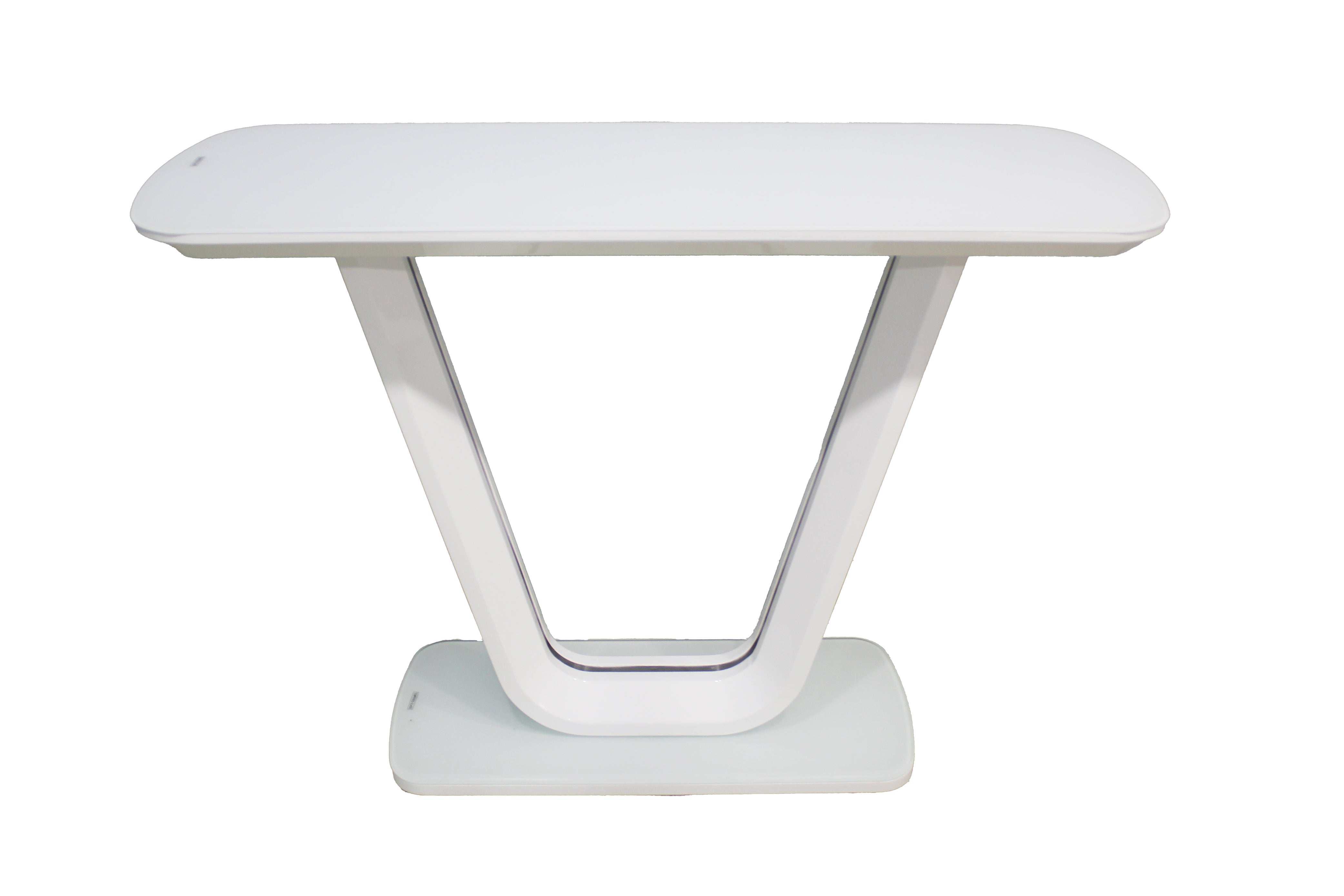 T-06-3 V-Frame Pedestal Console Table Front View — 35mm MDF Top with 5mm Frosted Glass Surface, High-Gloss White V-Frame Pedestal with Brushed Stainless Steel Inlay Strips — GEYA Seating
