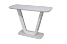 T-06-3 Console Table Perspective View — Sculptural V-Frame Pedestal Column 700×680×135mm, Stadium-Oval High-Gloss White Base with Levelling Feet, Brushed Steel Inlay Detail — GEYA Seating
