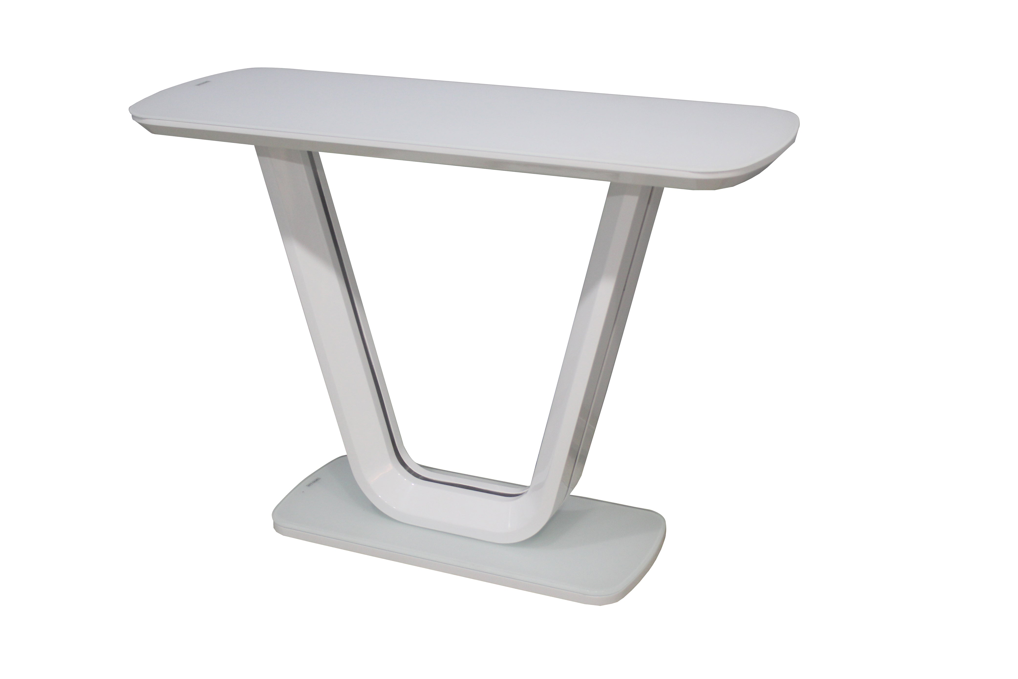 T-06-3 Console Table Perspective View — Sculptural V-Frame Pedestal Column 700×680×135mm, Stadium-Oval High-Gloss White Base with Levelling Feet, Brushed Steel Inlay Detail — GEYA Seating
