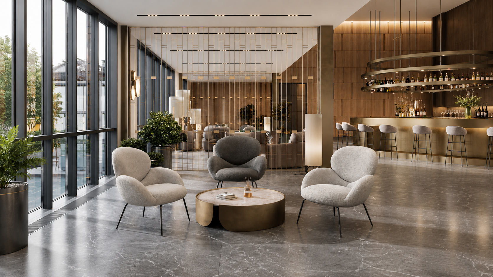 Lounge & Accent Chairs in a modern hospitality reception lounge with soft seating and bar area