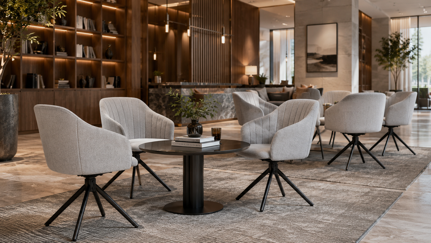 Channel-tufted swivel chair hotel lobby boutique lounge hospitality workspace fitout DC-5002