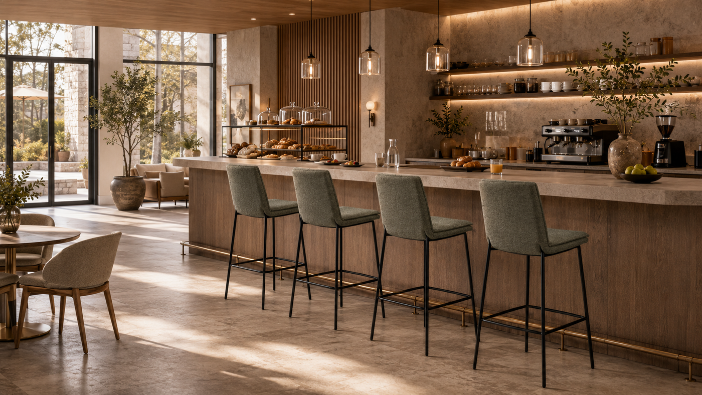Boutique Hotel Breakfast Bar with Upholstered Counter Stools with [